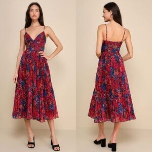 Lulus Sincerely Gorgeous Black Multi Floral Pleated Midi Dress XL Wedding Party